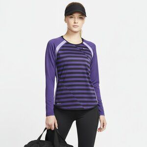 Nike Women Black & Purple Striped Long Sleeve Athletic Sport Dri-Fit Shirt Top S